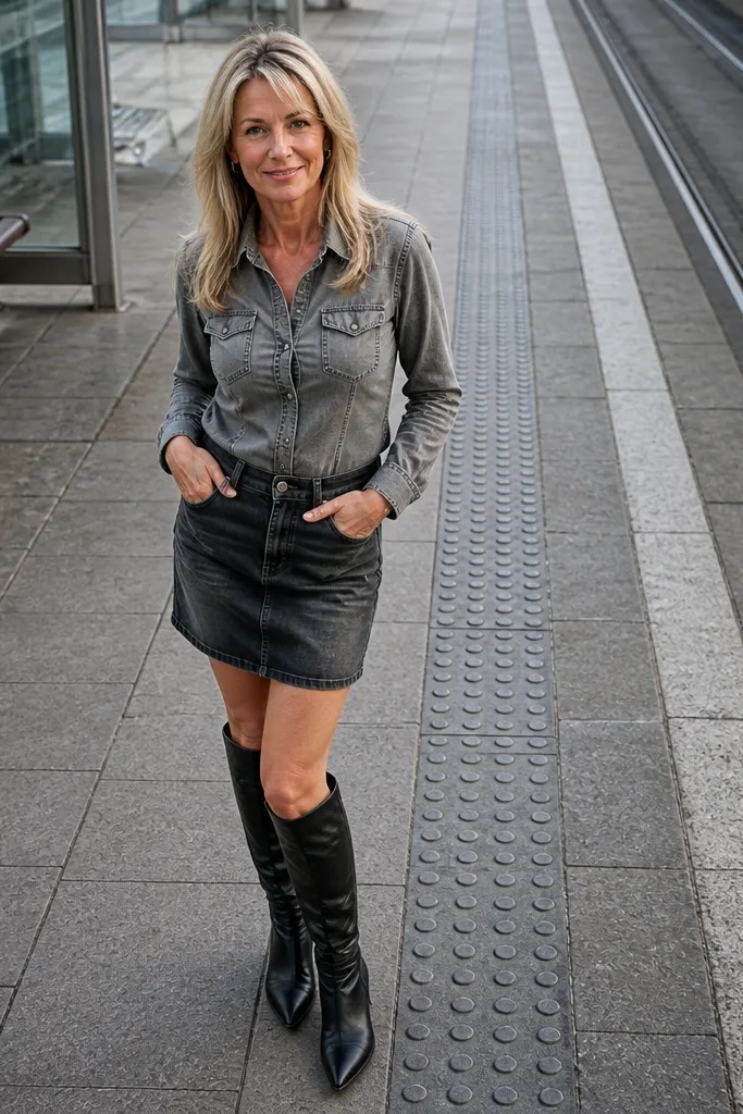 Grey denim blouse with dark denim mini skirt and knee-high boots