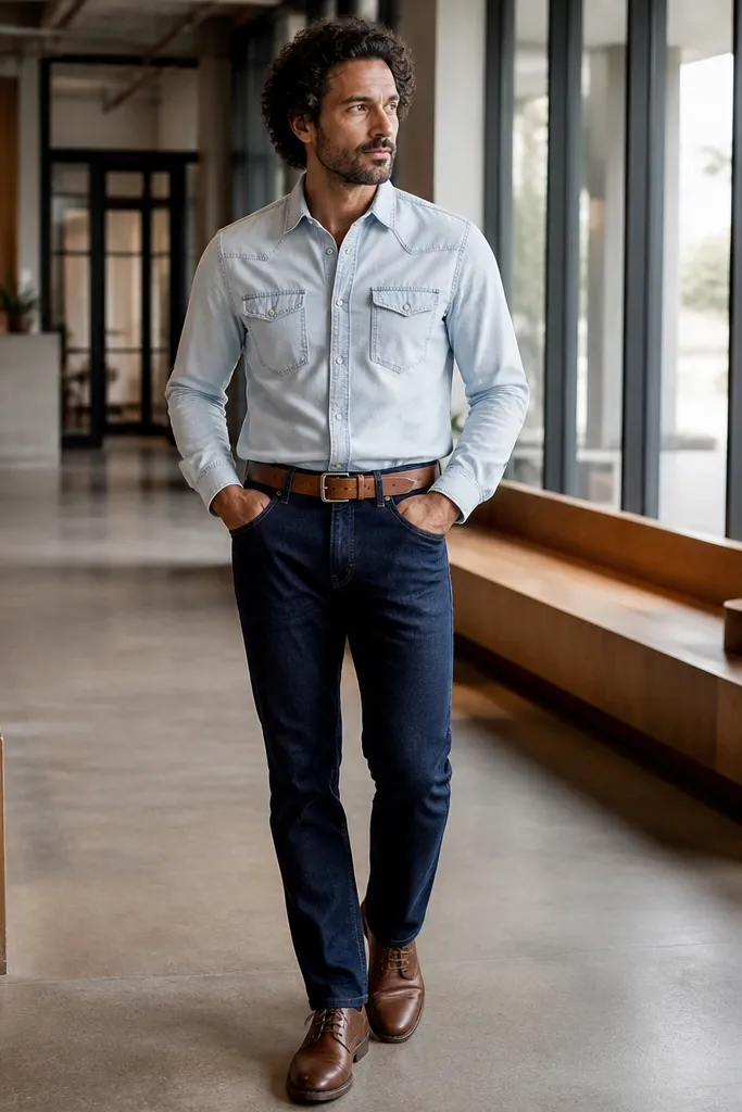 Whitewashed denim shirt with navy high-rise jeans and tan belt