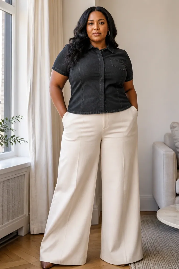 Black denim tee-style top with cream wide-leg trousers and black loafers