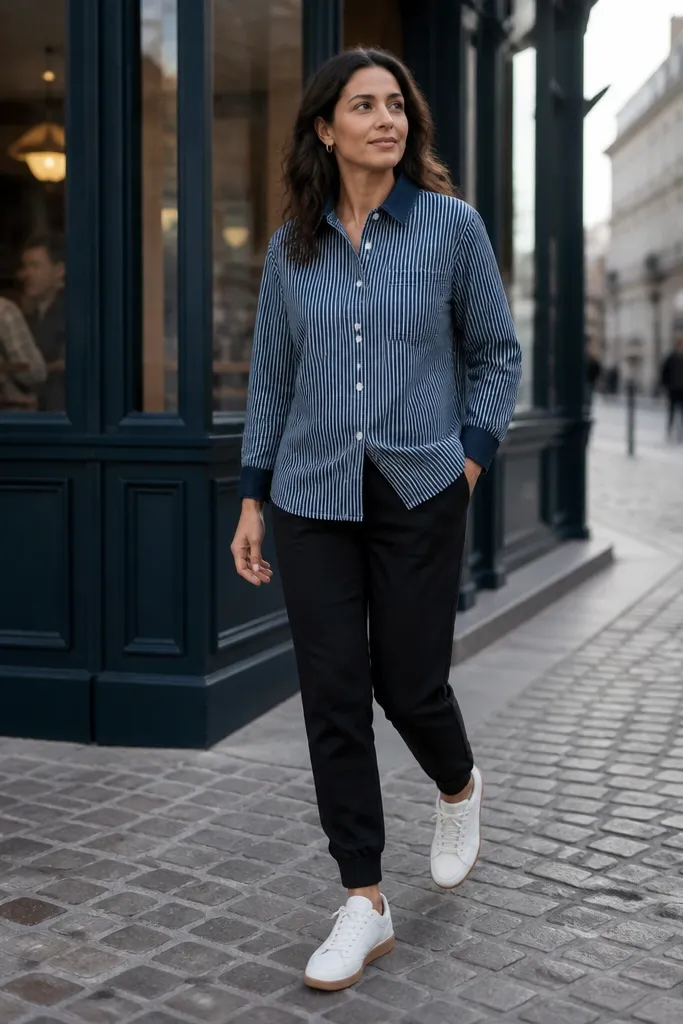 Striped denim baseball shirt with black joggers and white sneakers