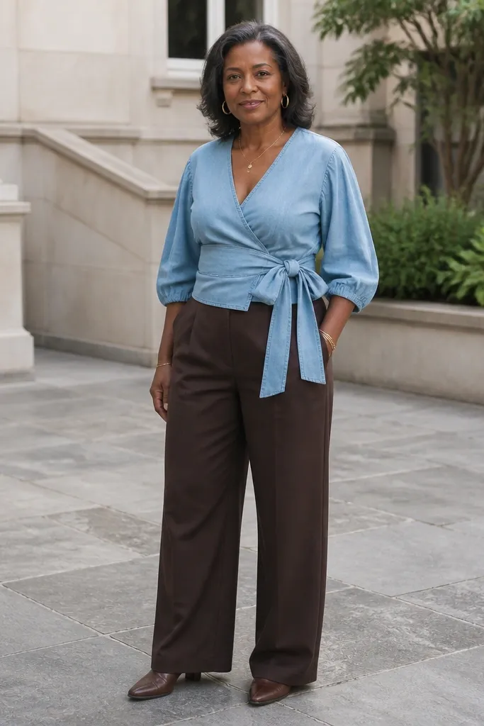 Light denim wrap blouse with chocolate brown trousers and tan loafers