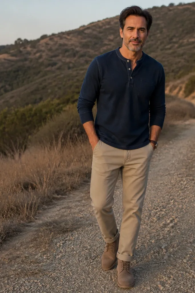Dark denim long-sleeve henley with stone chinos and suede desert boots