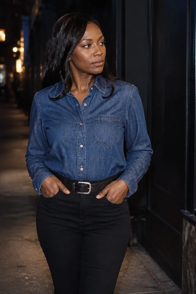 Rinsed indigo denim shirt with black tapered jeans and silver belt buckle