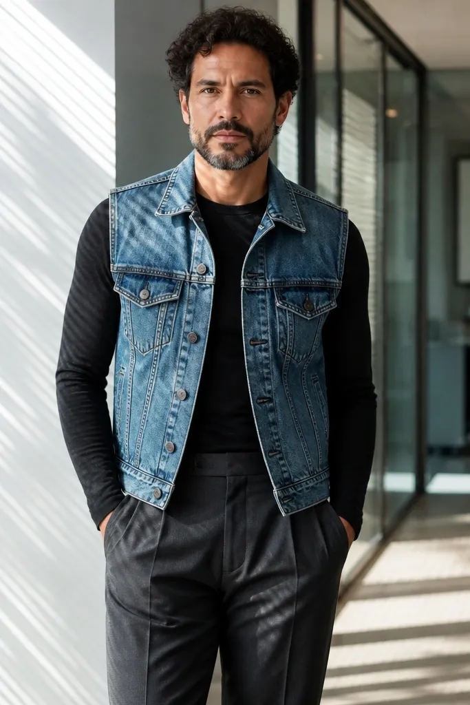Denim vest over fitted long-sleeve top with pleated trousers and loafers