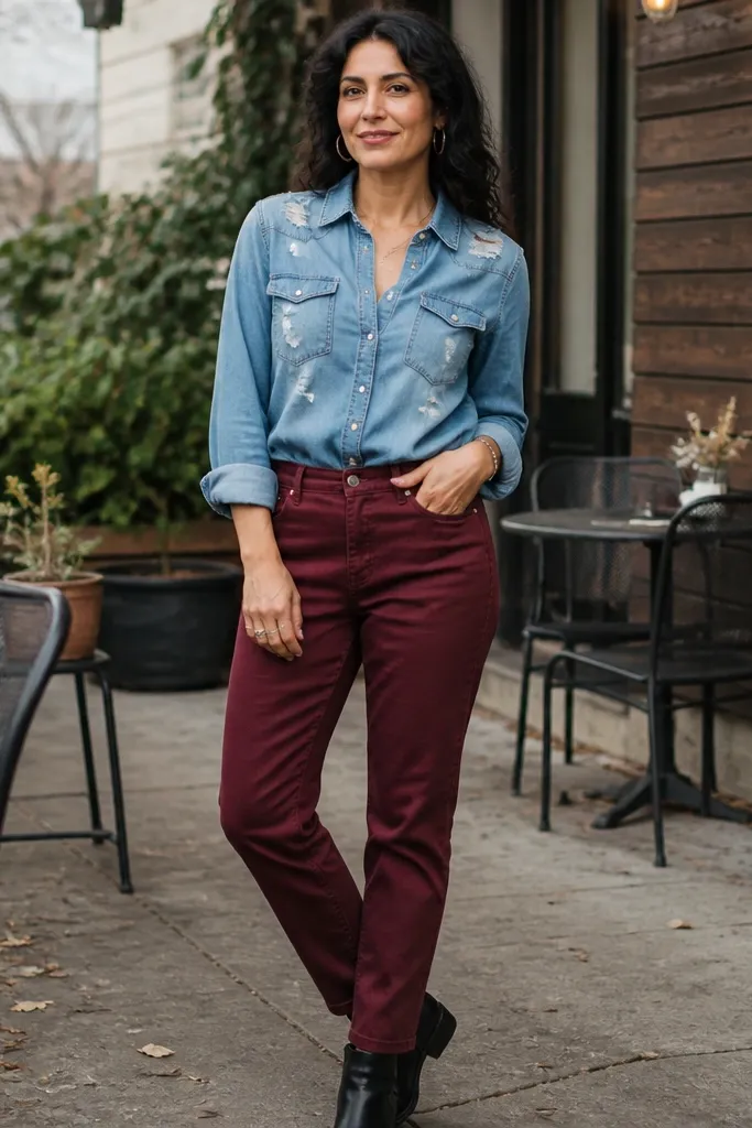 Distressed denim shirt with burgundy straight-leg jeans and black boots