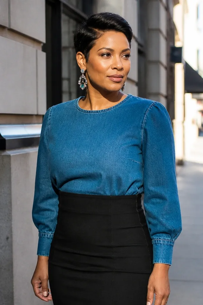 Teal denim top with black high-rise skirt and statement earrings