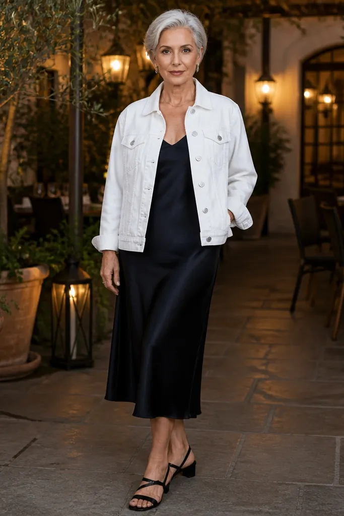 White denim jacket over black midi slip dress and black loafers