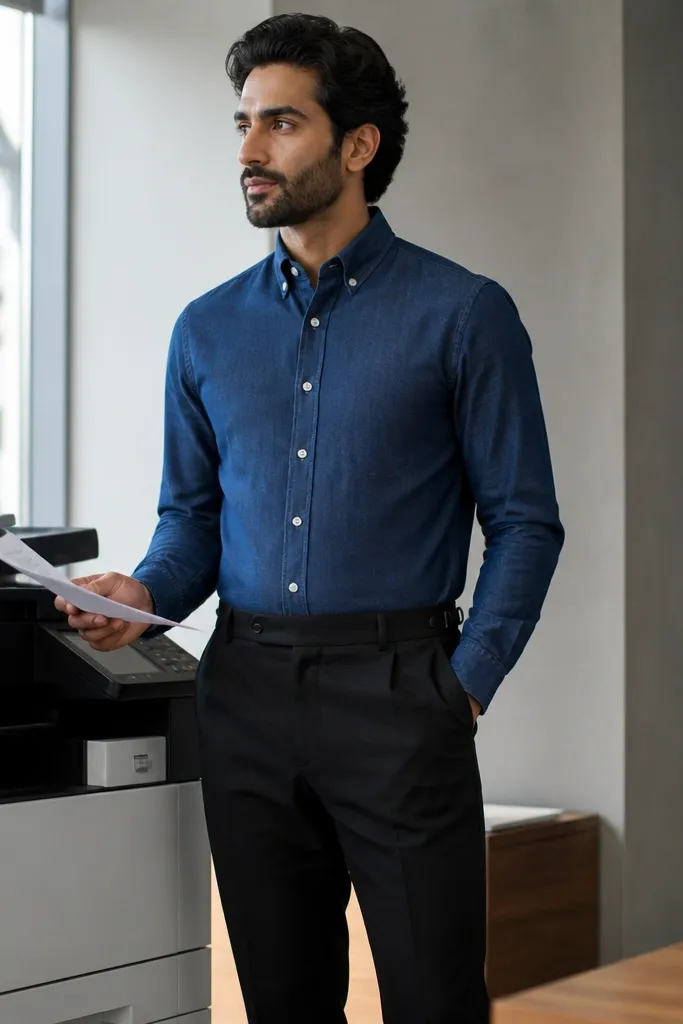 Medium indigo denim shirt tucked into black tailored trousers with black loafers