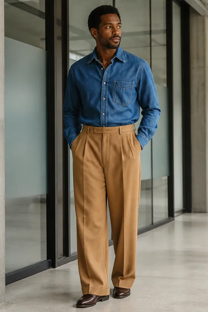 Rinsed blue denim shirt half-tucked into camel wide-leg trousers with tan belt