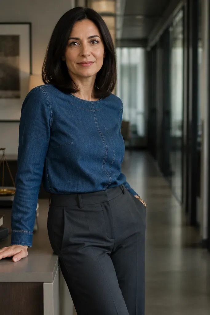 Blue denim top tucked into charcoal suit pants with black leather oxfords