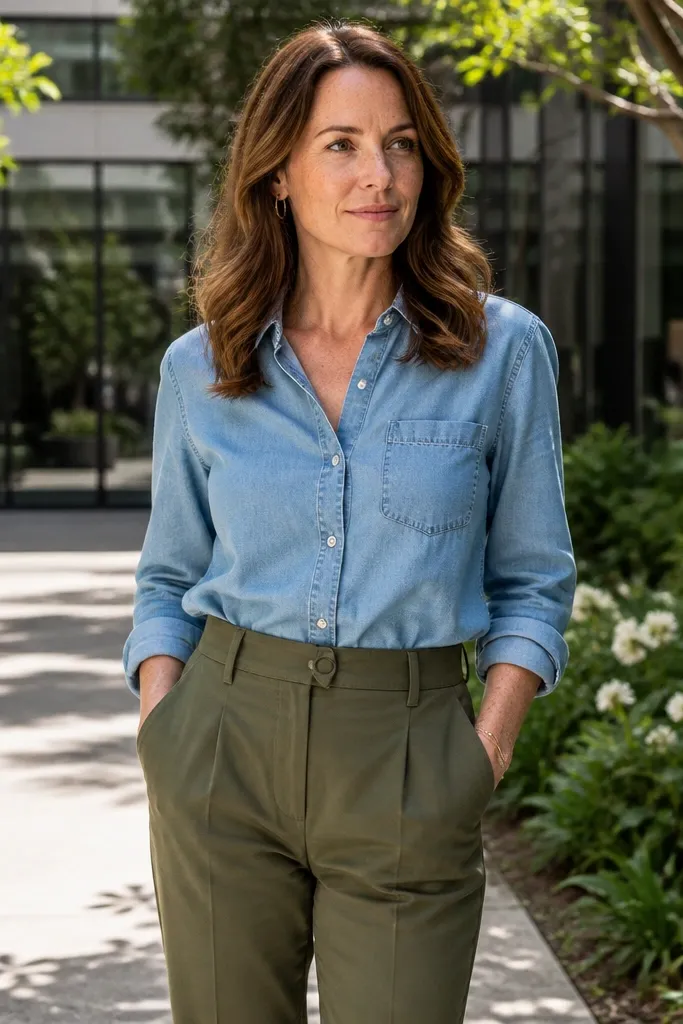 Chambray denim top with olive tapered trousers and brown lace-up shoes