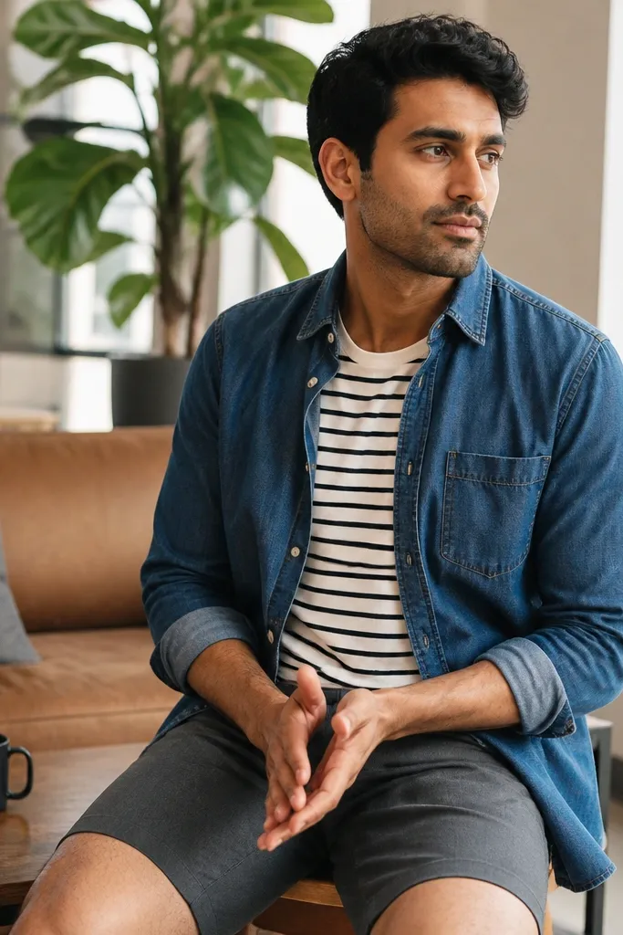 Denim shirt worn open over a striped tee with grey tailored shorts and loafers