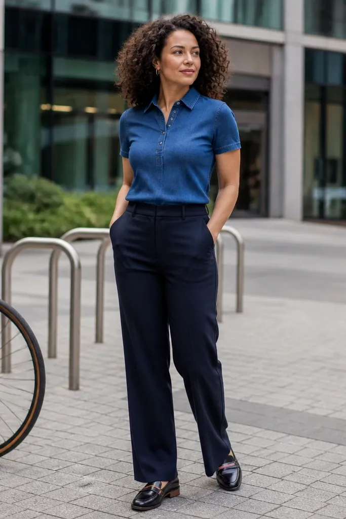 Denim polo top with navy trousers and white sneakers with a clean leather belt