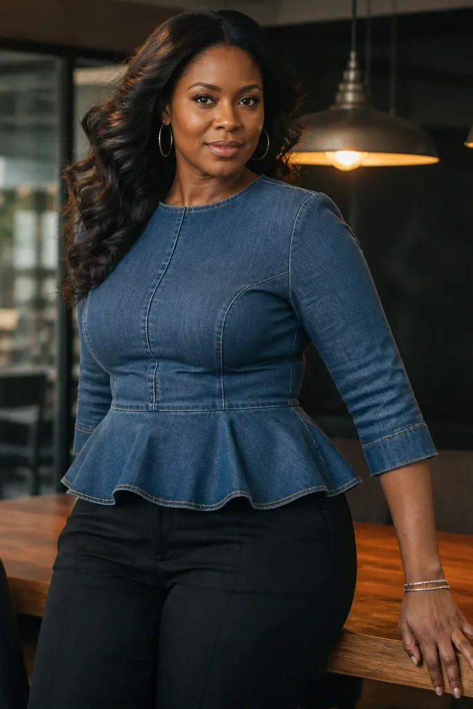 Denim peplum top with high-waist black trousers and black heels