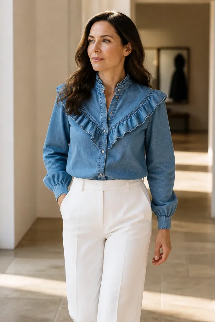 Denim shirt with subtle ruffle details worn with white straight-leg trousers and tan loafers