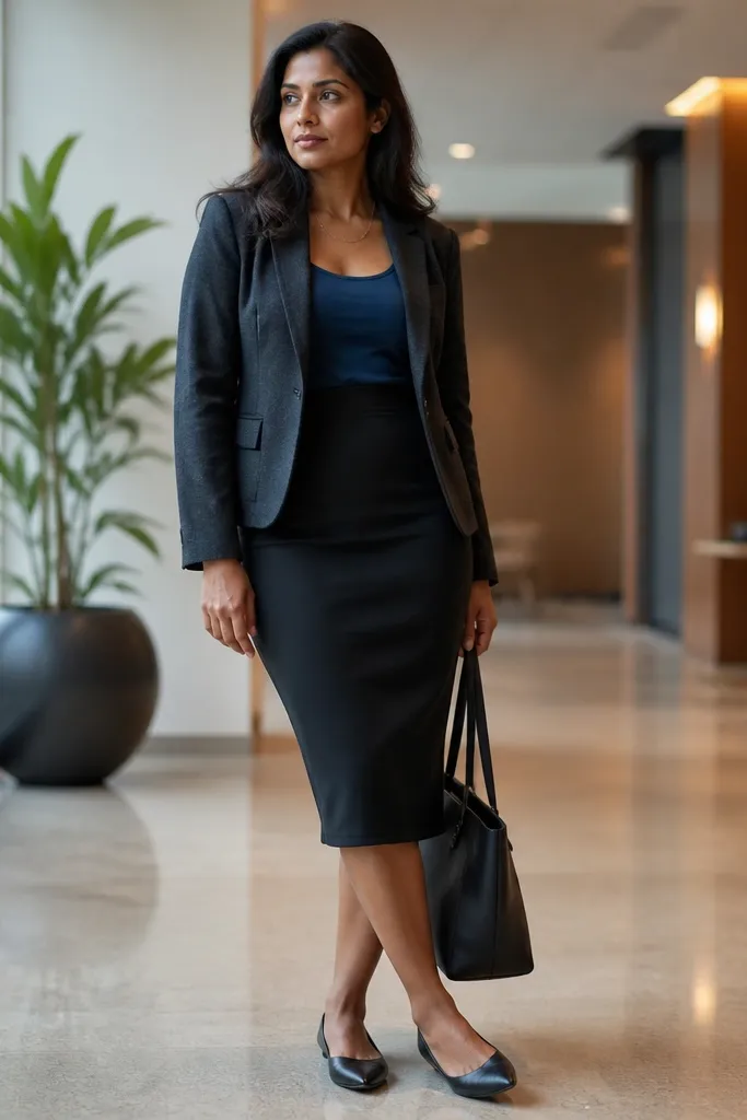 Denim tank layered under a blazer with pencil skirt and sleek flats