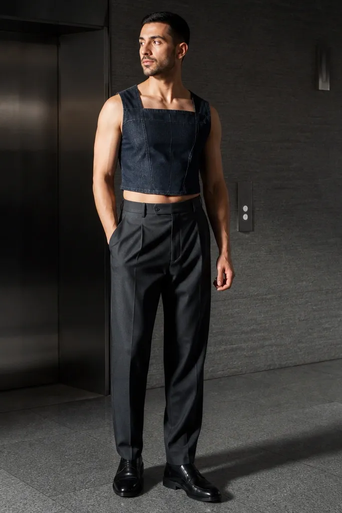 Denim crop top tucked into high-waist suit trousers with black loafers