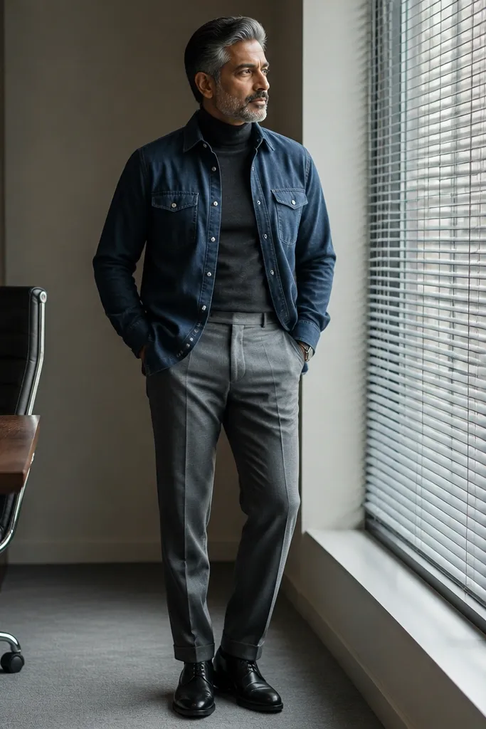 Denim shirt layered over a black turtleneck with grey slacks and black boots
