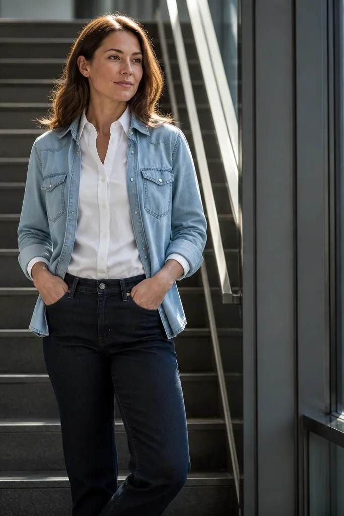 Light wash denim shirt worn over a white button-up with straight dark jeans and loafers