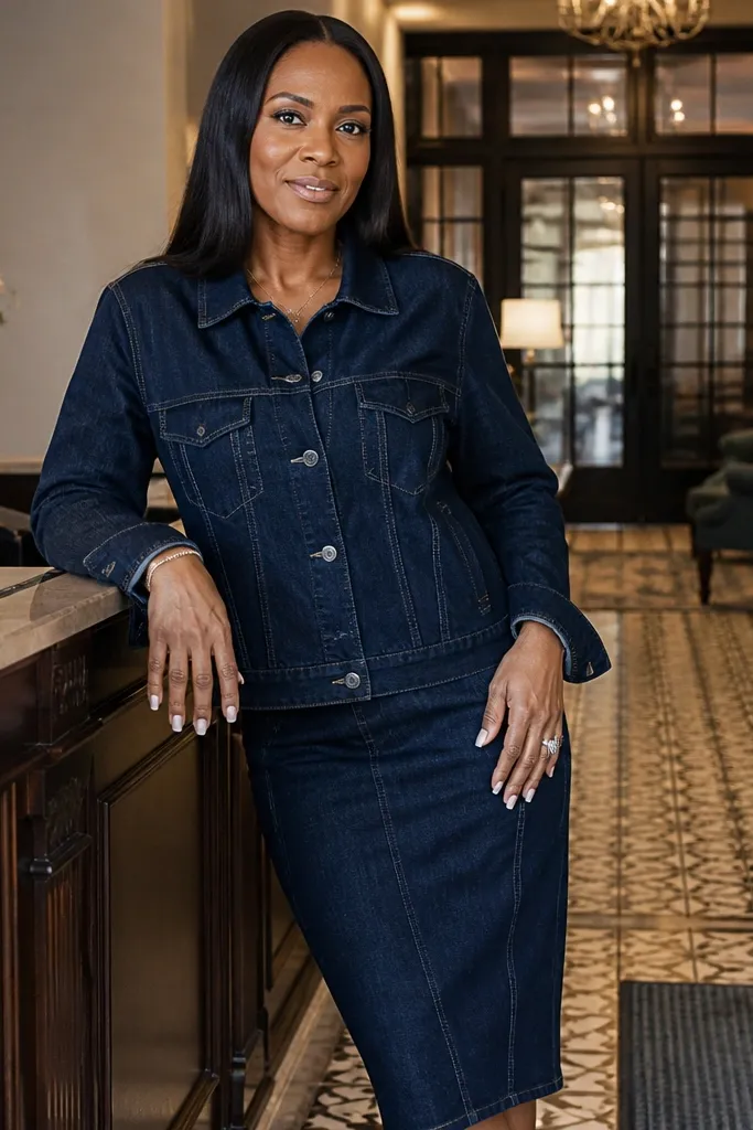 Dark wash denim jacket with a matching denim skirt and black ankle boots