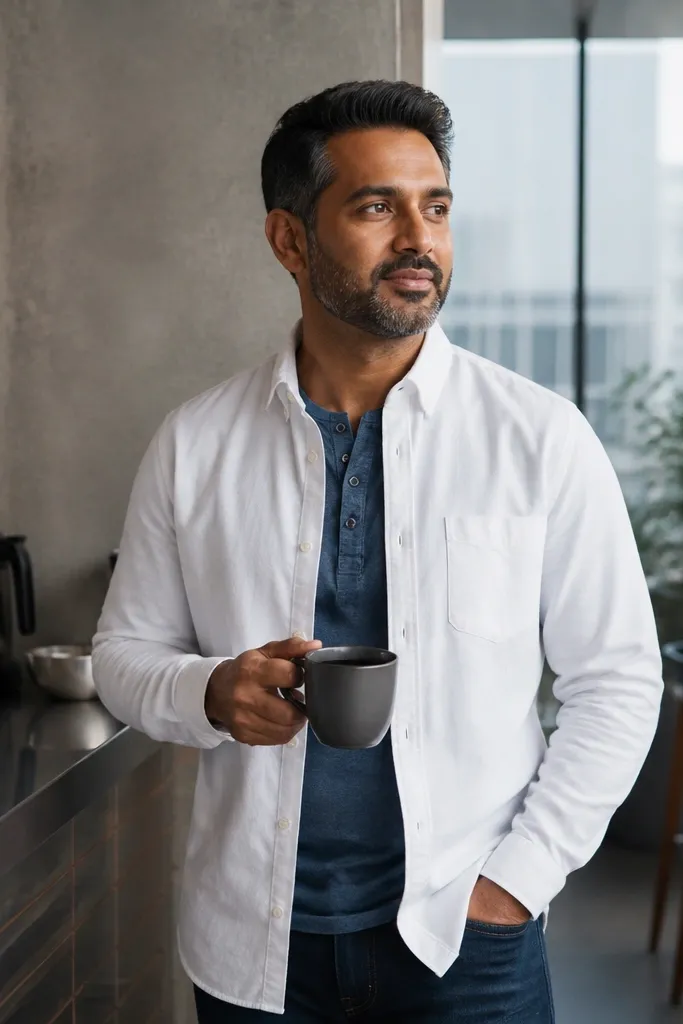 Denim henley layered under a white oxford shirt with dark trousers and loafers
