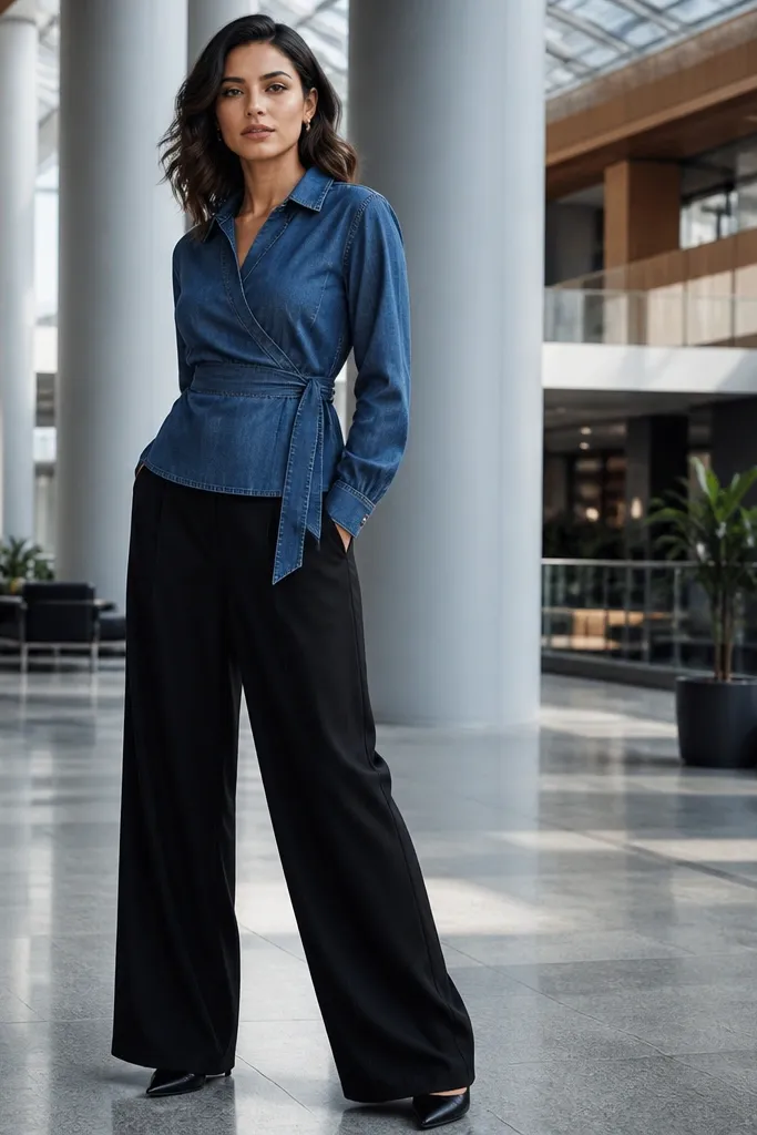 Denim wrap blouse with black wide-leg pants and black heels