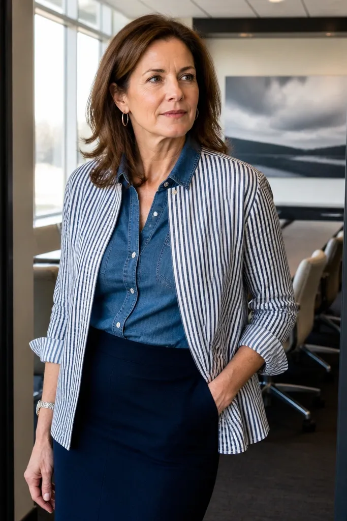 Denim top worn under a striped button-front with a tailored skirt and loafers