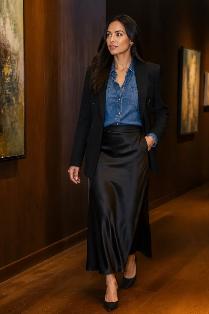 Denim top tucked into a black slip skirt with a blazer and pointed flats