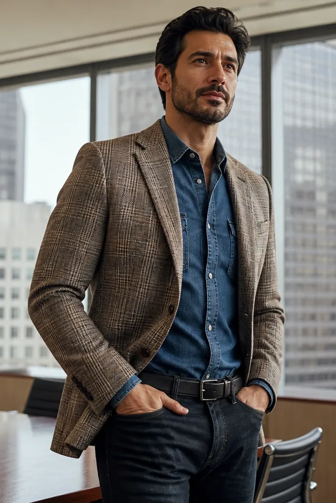 Denim top under a plaid blazer with dark jeans and brown loafers