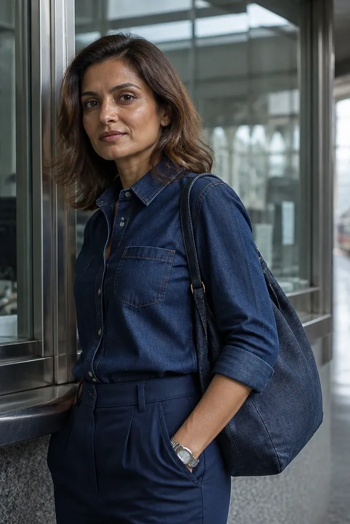 Monochrome indigo denim top with matching dark trousers and a denim shoulder bag