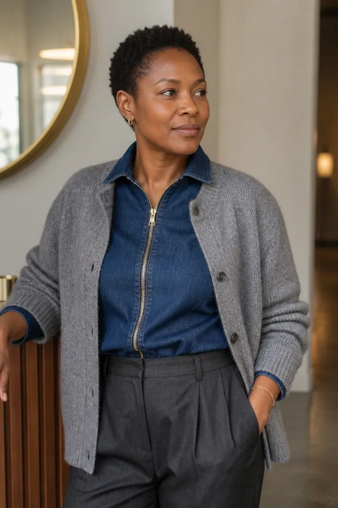 Denim zip-up top under a cardigan with tailored trousers and sleek shoes