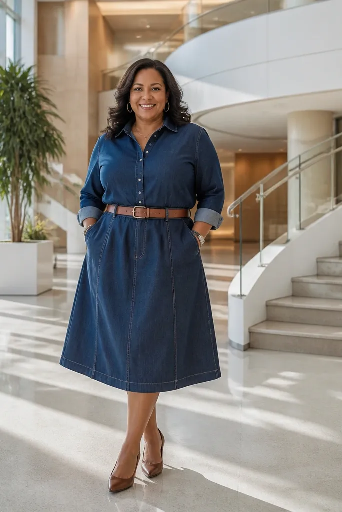 Denim top tucked into an A-line skirt with a leather belt and low heels