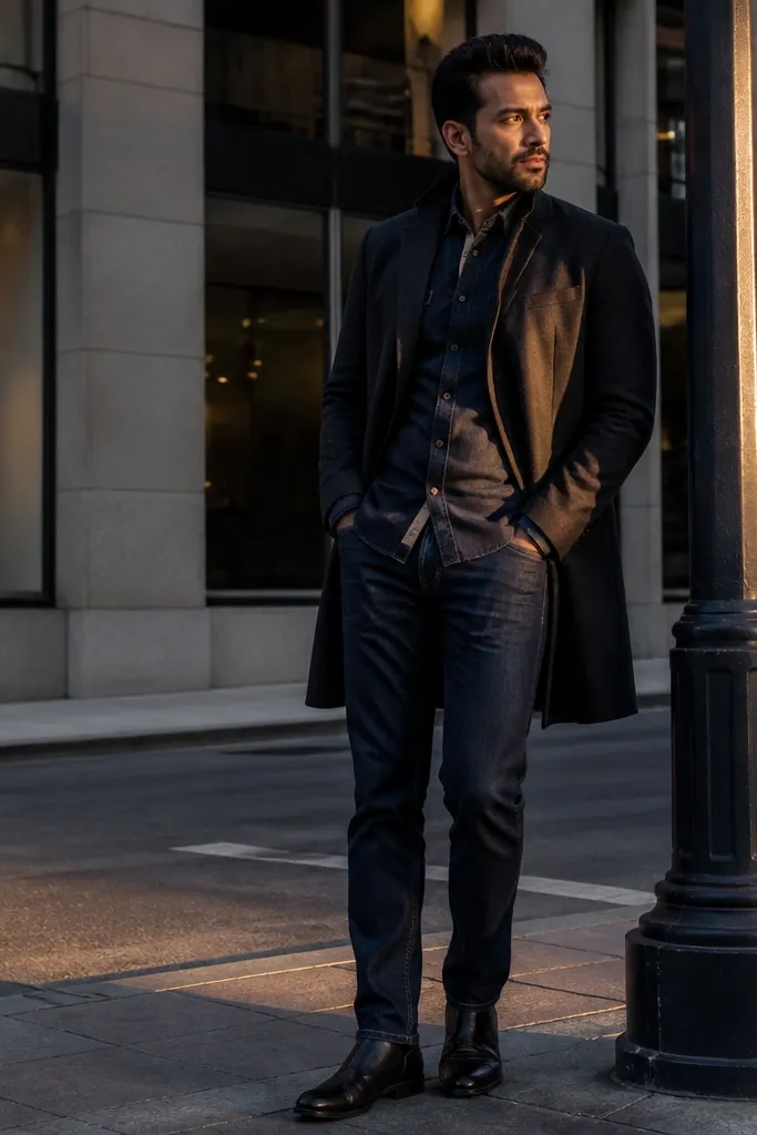 Denim top under a longline blazer with straight jeans and dark leather shoes