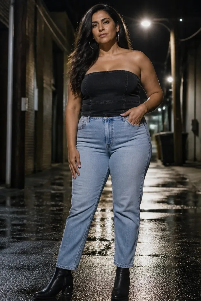 Dark denim tube top with light straight-leg jeans and tan heeled boots