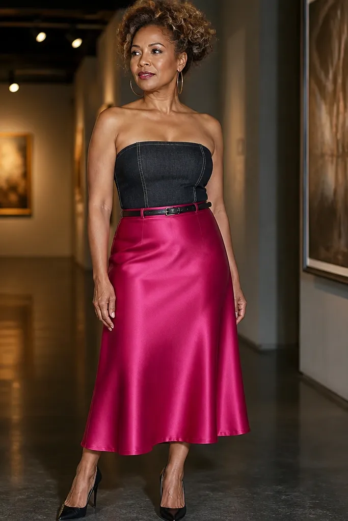 Black denim tube top with a fuchsia satin midi skirt and black strappy heels