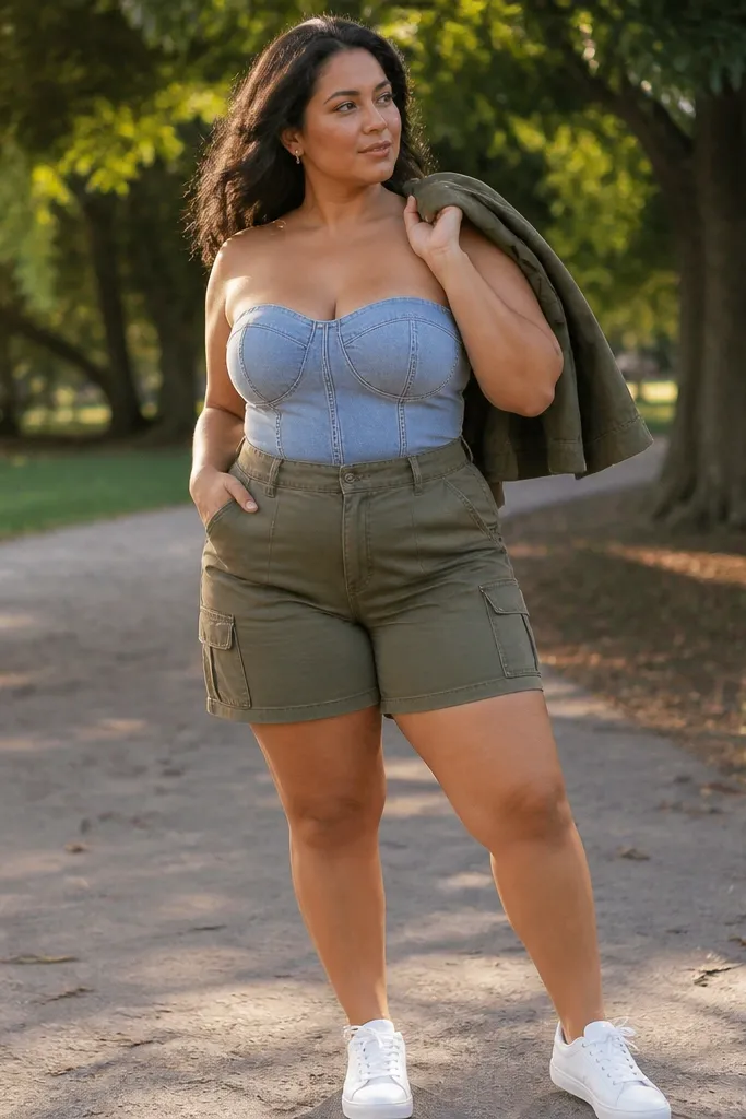 Light wash denim tube top with olive utility shorts and white sneakers