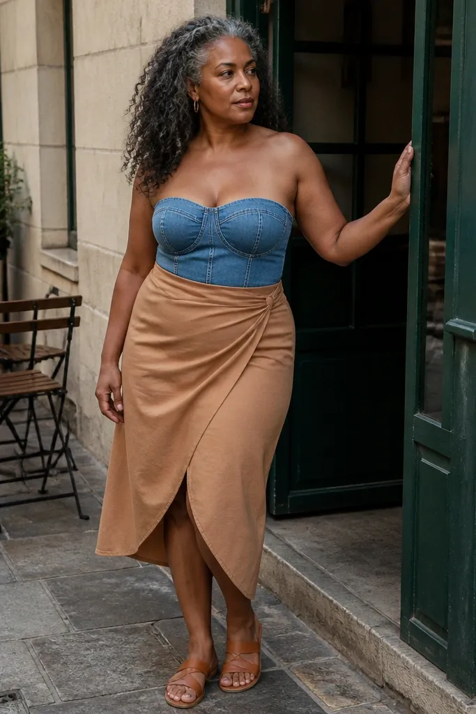 Rinse-wash denim tube top with a camel wrap midi skirt and tan sandals