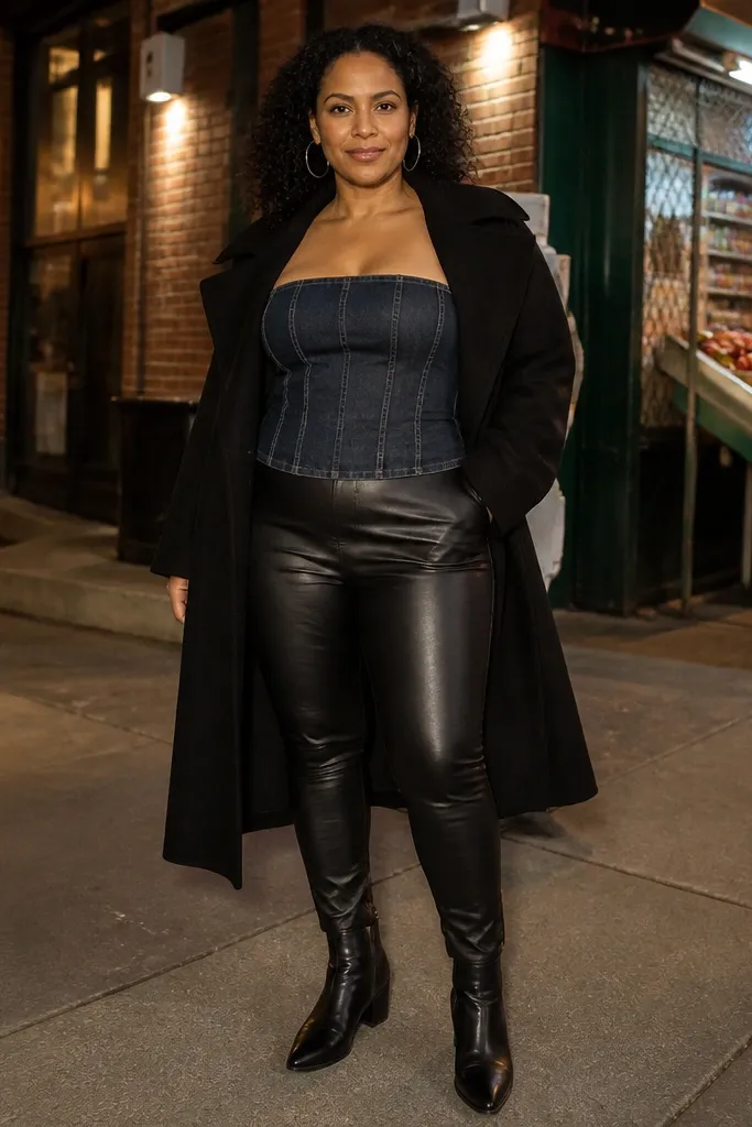 Denim tube top with black leather-look leggings and black ankle boots