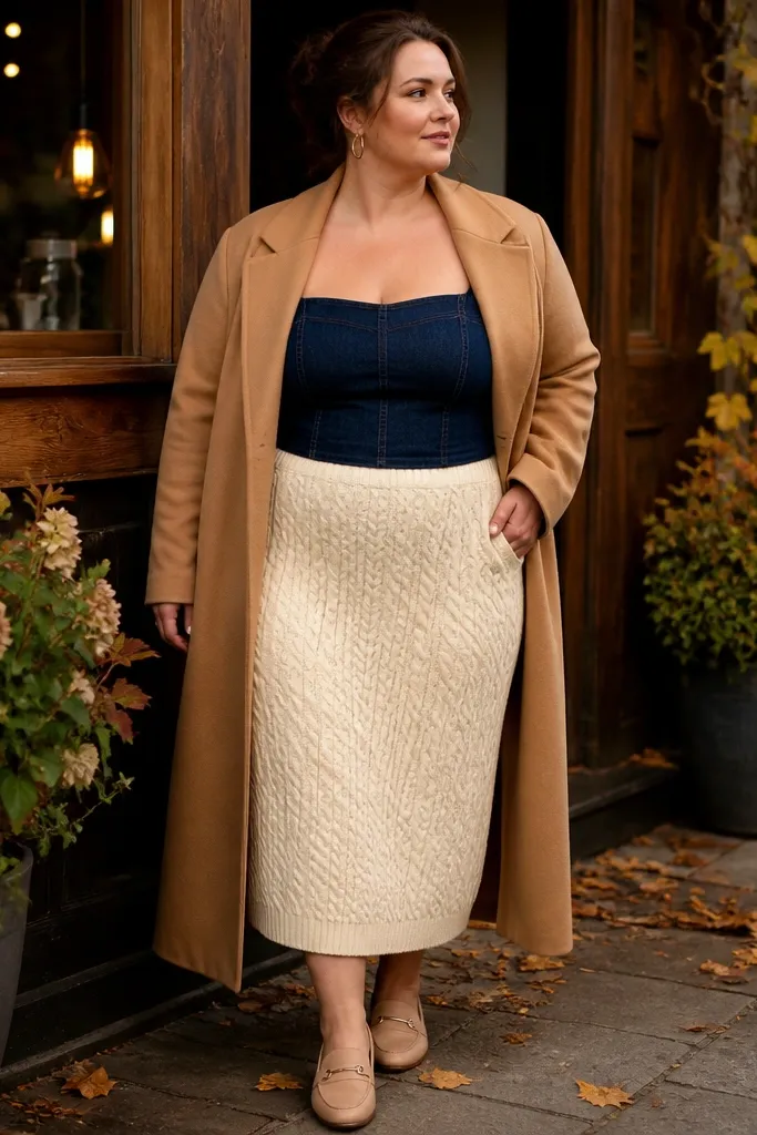 Dark denim tube top with a cream cable-knit midi skirt and tan boots