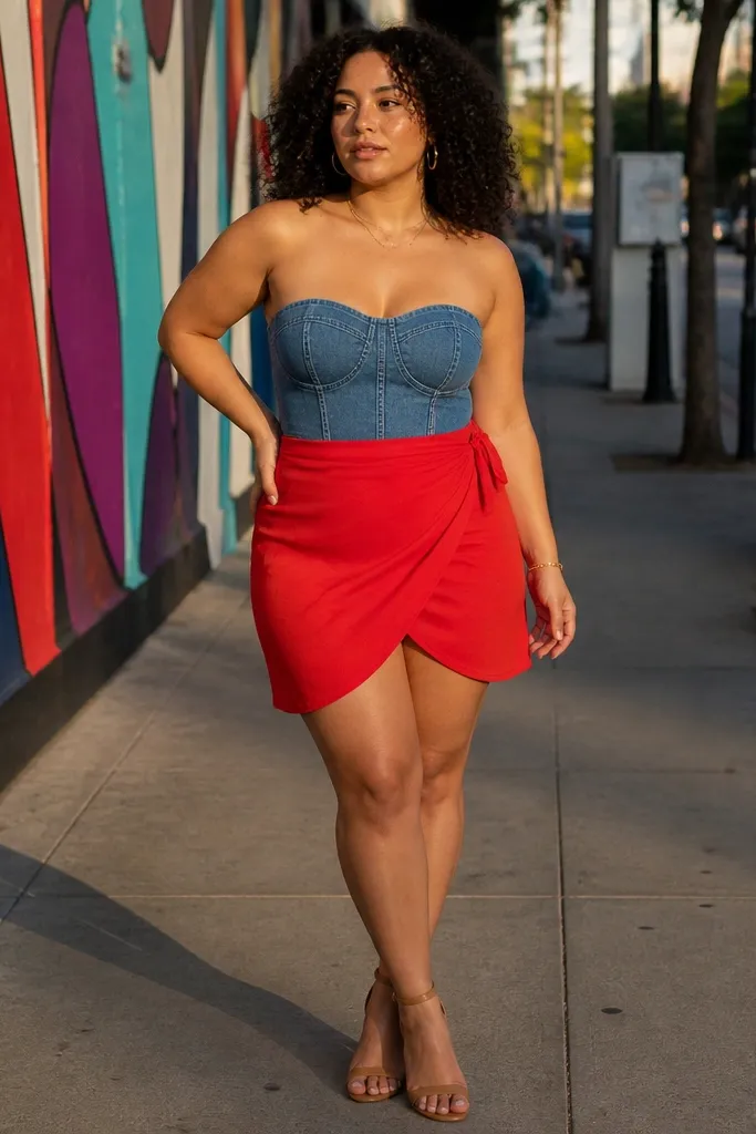 Denim tube top with a red wrap mini skirt and strappy red heels