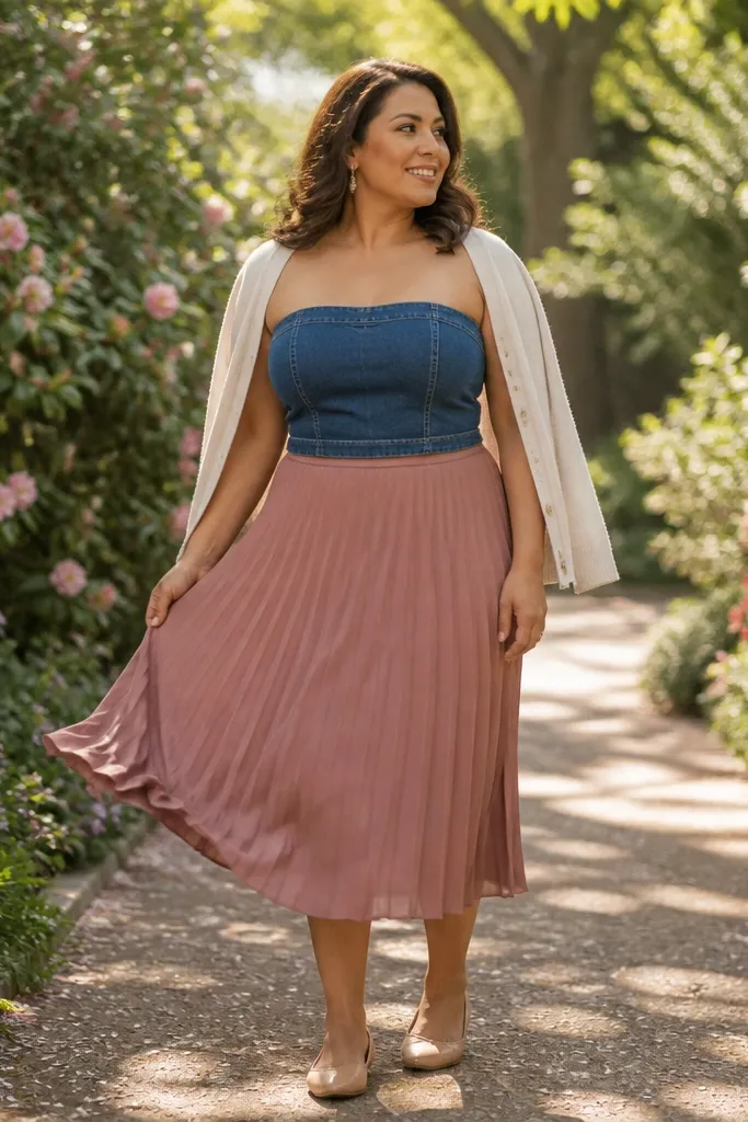 Denim tube top with dusty rose pleated midi skirt and nude flats