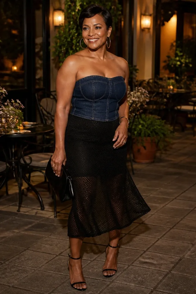 Denim tube top with a lined black mesh midi skirt and black heels