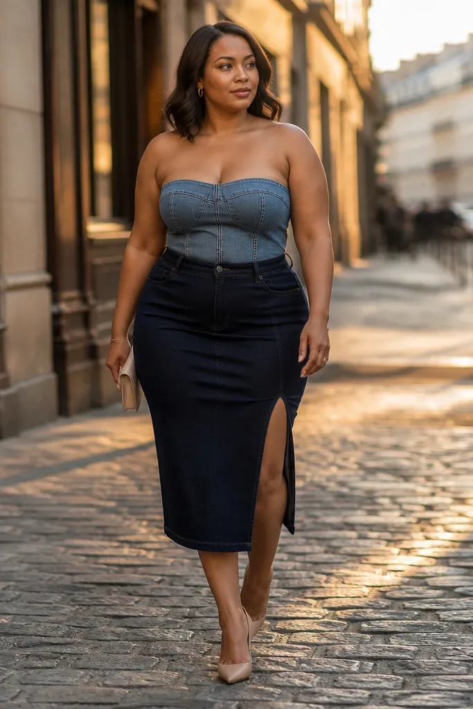 Stonewash denim tube top with navy high-rise pencil skirt and nude pumps