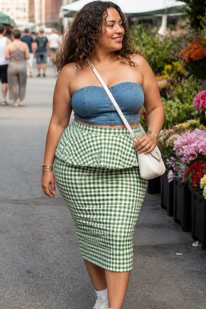 Denim tube top with green gingham peplum skirt and white sandals