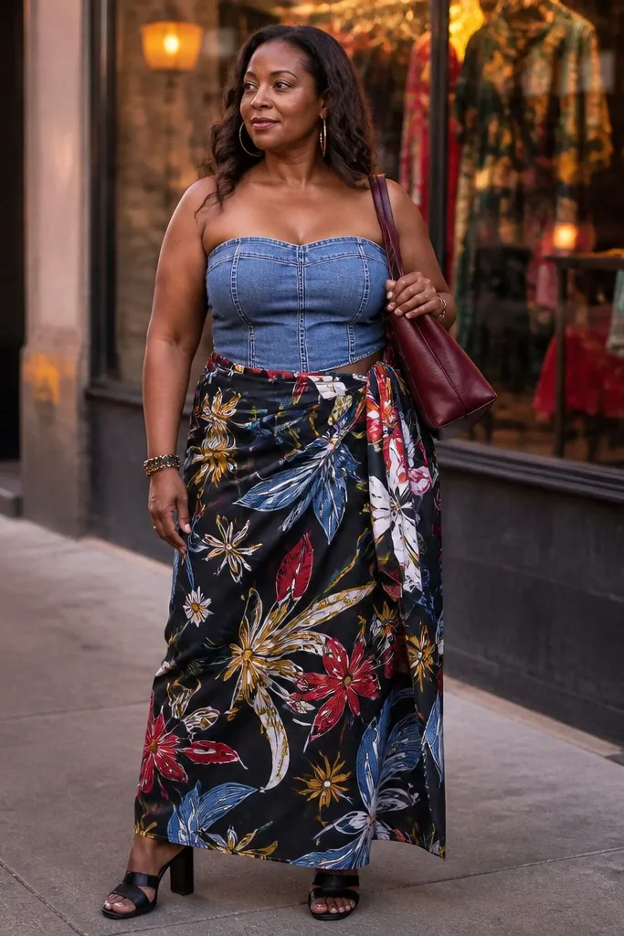 Denim tube top with black-based printed wrap maxi skirt and tan wedges