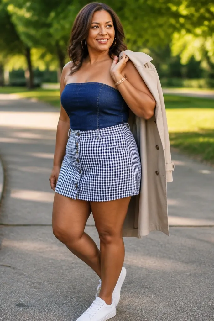 Denim tube top with black-and-white gingham skort and white sneakers