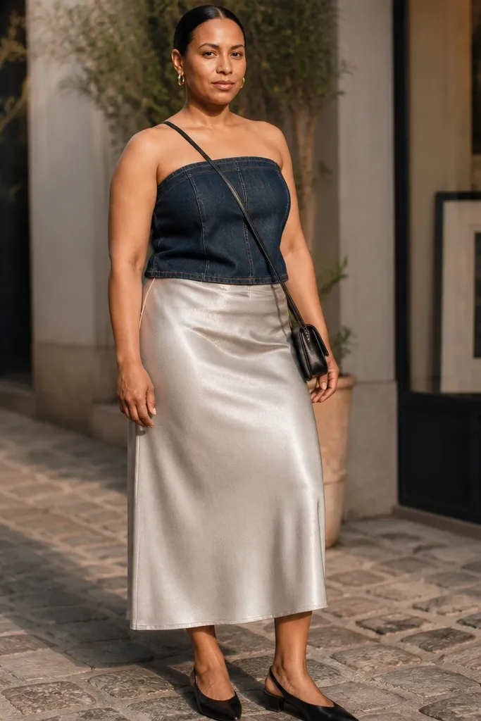 Denim tube top with metallic silver midi slip skirt and black strappy heels