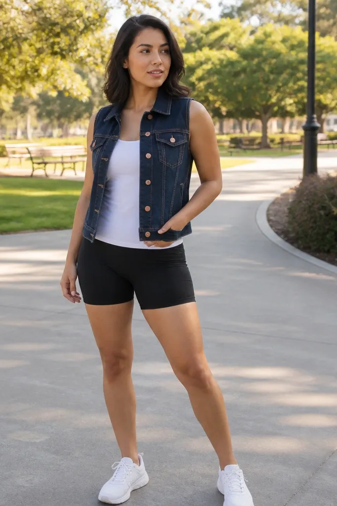 Dark denim vest top over a white fitted top with black bike shorts and white sneakers
