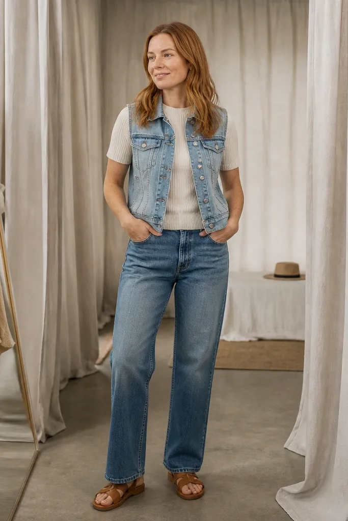 Light denim vest top over a cream knit tee with straight-leg jeans and tan sandals
