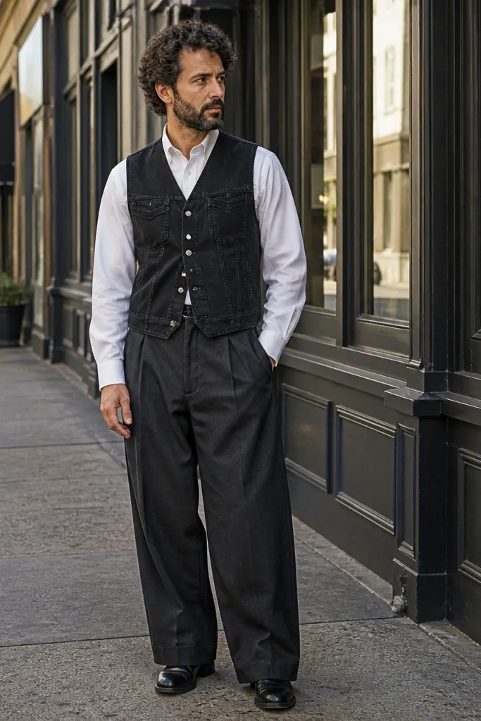 Black denim vest top over a white button-down tucked into wide-leg trousers with loafers